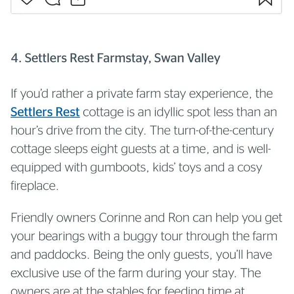 Thrilled to be included in the RAC 10 of the Best Farmstays in WA.  RAC are highly regarded for their travel suggestions and we are proud to be included in their selection of farmstay holidays.  20 mi